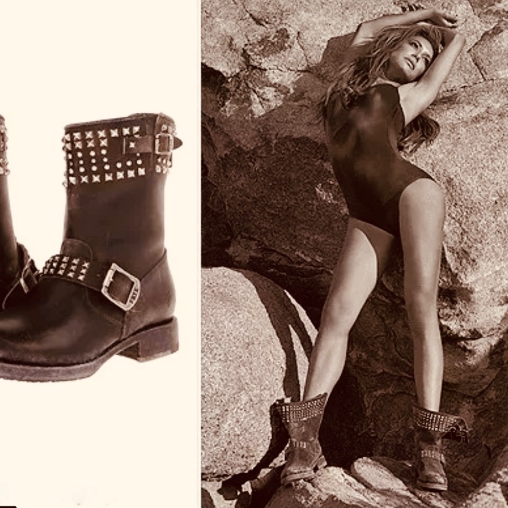 FRYE VERONICA STUDDED BIKER BOOTS BLACK LEATHER